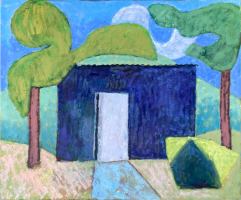 The Studio at the Bottom of the Garden oil on ply 62 x 76 cms